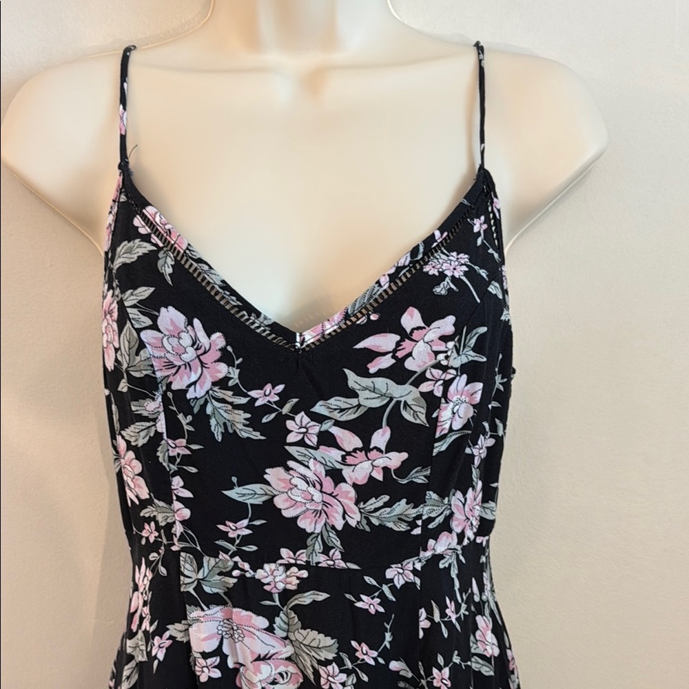 Lulus Chic Black Midi Slip Dress with Pink Floral Print with side slit Small - Picture 7 of 16